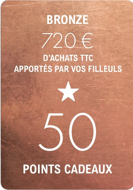 Palier bronze : 720 € d'achats TTC apportés par vos filleuls = 50 points cadeaux